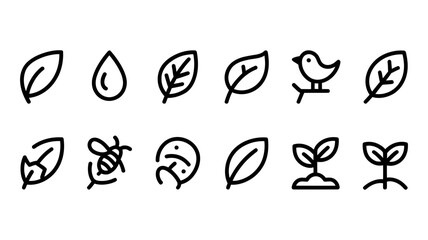 Fototapeta premium Nature and ecology icons: leaves water droplets birds bees seedlings with organic farming, environment