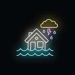 Fototapeta premium House submerged in floodwaters during a storm with rain and lightning