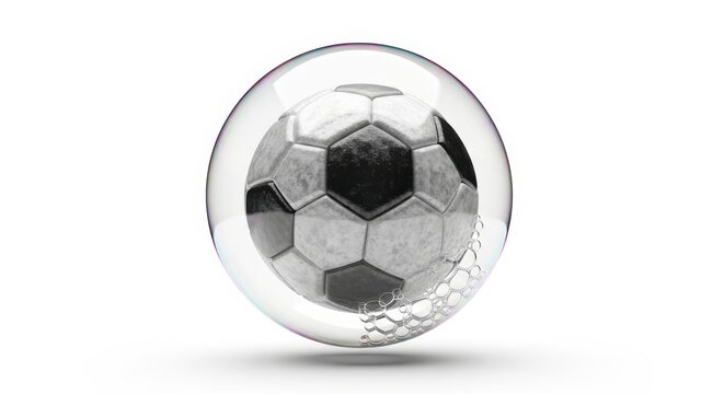Iron soccer ball trapped in soap bubble