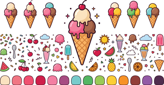 Kawaii Ice Cream and Summer Dessert Vector Illustration Set