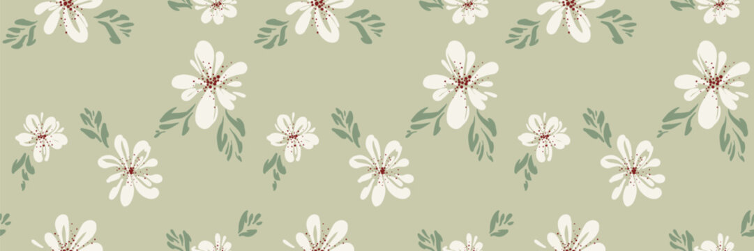 Seamless floral pattern with white flowers, soft green leaves, and sage background. Minimal botanical repeat for textile, wallpaper, packaging, stationery, and decor