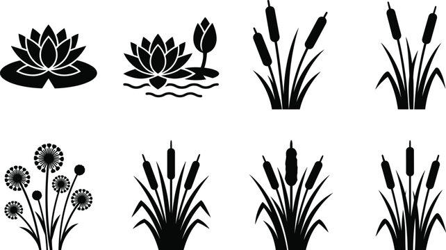 Aquatic plants silhouette icons set, pond lotus lily and cattail reeds vector illustration collection isolated on white