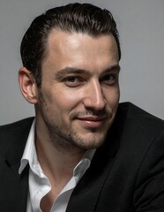 Fototapeta premium Professional businessman with short dark hair and beard in formal attire.