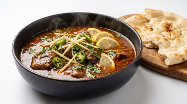 Traditional Pakistani nihari with Naan, ginger chili and lemon garnishes on white background