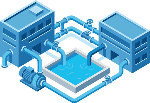 Isometric water treatment plant, industrial pipe system and processing pool station vector illustration