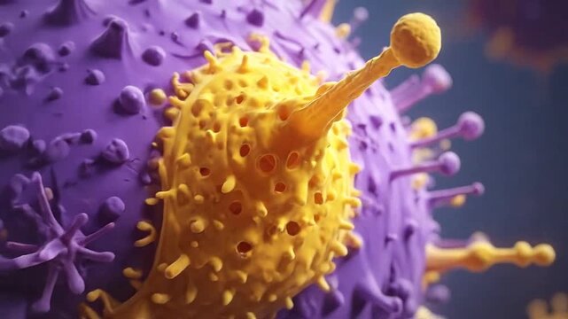 Microscopic view of purple and yellow spherical biological structures