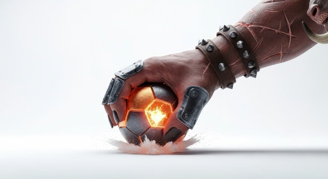 Minotaur hand slams soccer ball with glowing effect