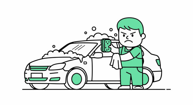 Cartoon mechanic inspecting car with spray bottle and cloth.