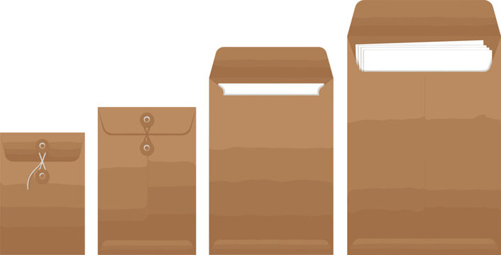 Brown kraft paper envelopes vector illustration set, catalog mailing envelopes with string closure isolated on white background