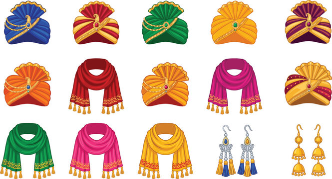 Indian wedding turbans and stoles set, traditional royal groom pagri and safa vector illustration isolated on white background
