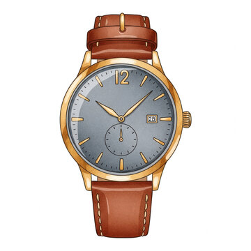 Watercolor illustration of a gold wristwatch with a brown leather stra