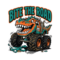 Cartoon monster truck with dinosaur head and Bite The Road text sign © MdAnisul
