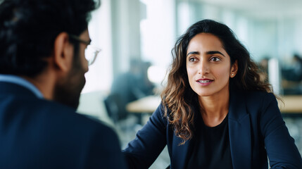 Obraz premium Indian female executive speaking with colleague in modern office meeting