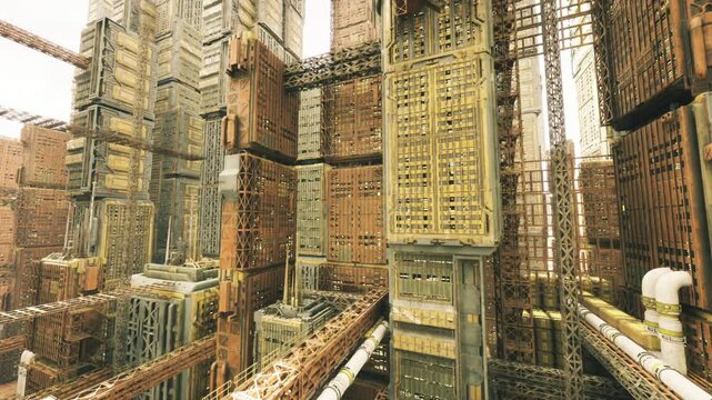 Detailed factory layout. Elaborate machinery network structure. Sophisticated industrial design featuring complex system of equipment and conduits