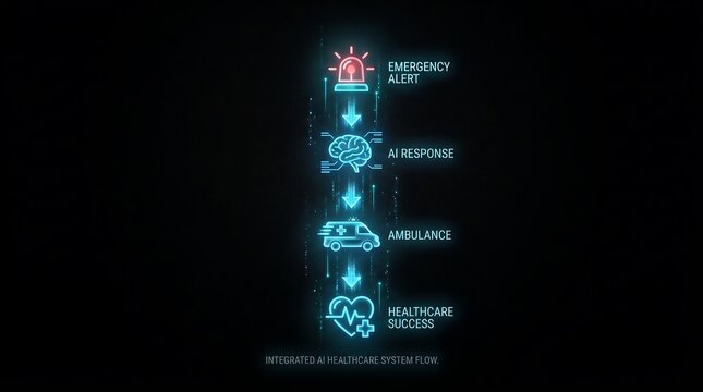 Digital emergency healthcare ai response workflow infographic featuring glowing neon medical icons and procedural flow arrows against a dark minimalist background