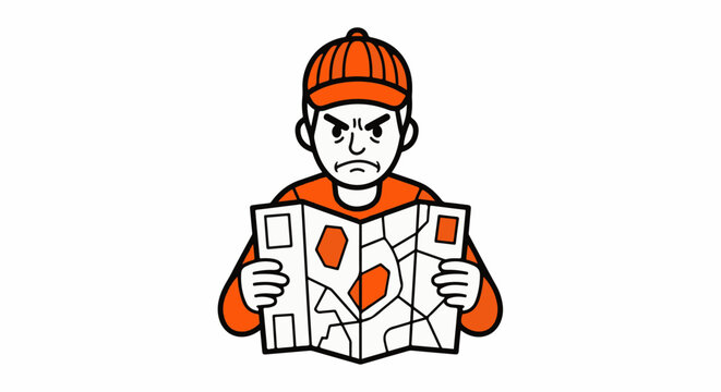 Confused cartoon man holding complicated map directions.