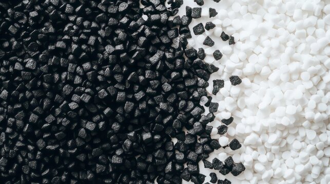 A top view of granules of black and dark white plastic polypropylene on a white background, masterbatch polymer grain pile.