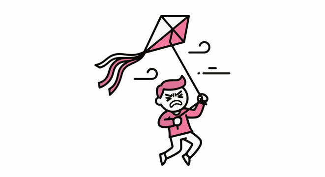 Cute cartoon character happily flying colorful kite outdoors.