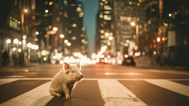Pig pauses on a zebra crossing in a busy city at night with blurred lights around