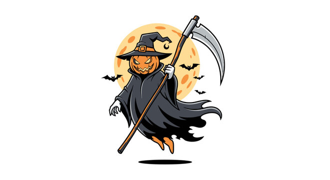 Spooky Pumpkin Grim Reaper with Scythe Halloween Illustration.