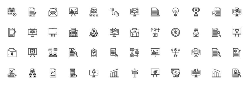 Start up icon set. Business vector icon pack. Minimalist icons. Includes symbols for startup, growth, investment, project, profit, partner, planning, target, digital marketing, recruitment, idea, achi