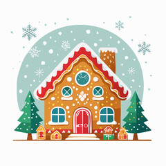 Fototapeta premium Christmas Gingerbread House with Snowflakes and Trees