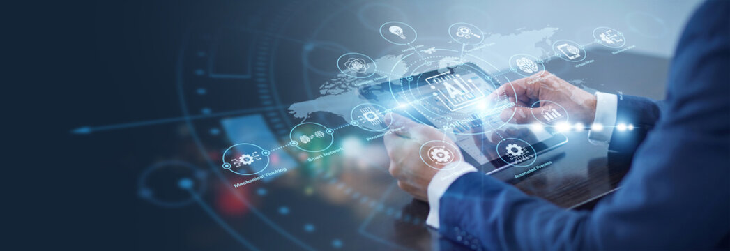 Data scientist using tablet to deploy Artificial Intelligence models to the world. Smart machine learning algorithms optimize automated workflows, business intelligence, and unique insights.