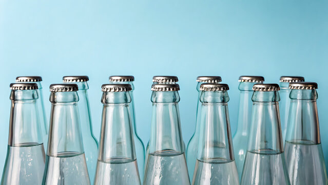 Row of empty clear glass bottles with silver caps against a blue background