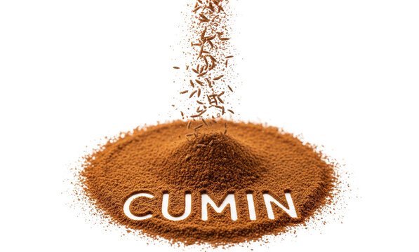 Ground cumin seeds fall steadily forming the word cumin in brown powder on a white surface