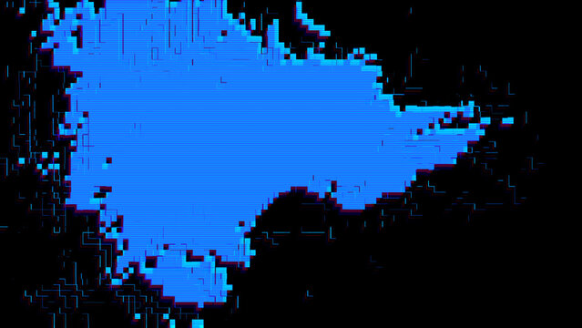 Blue 8bit glitch texture with pixel distortion and scanline artifacts on black background. Digital signal corruption with chromatic aberration for rave poster and electronic music design.