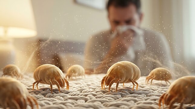 Dust mites swarm on bedding, triggering allergies and discomfort for a man sneezing in the background.