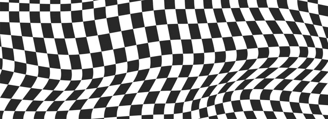 Obraz premium Black white checkerboard background, pattern grid. Retro psychedelic checkered wallpaper. Chessboard surface. Distorted geometric grid