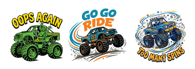 Set of colorful monster truck cartoon illustrations with fun action slogans © MdAnisul