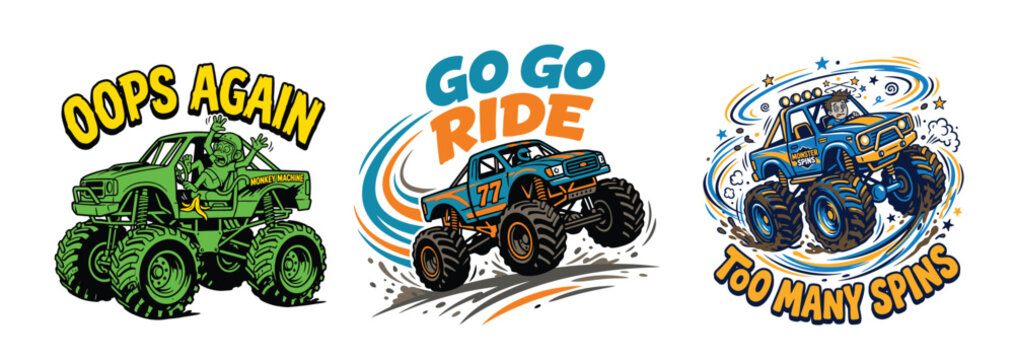 Set of colorful monster truck cartoon illustrations with fun action slogans