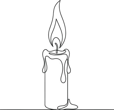 A single continuous line drawing of a burning candle with melted wax dripping down the side wall