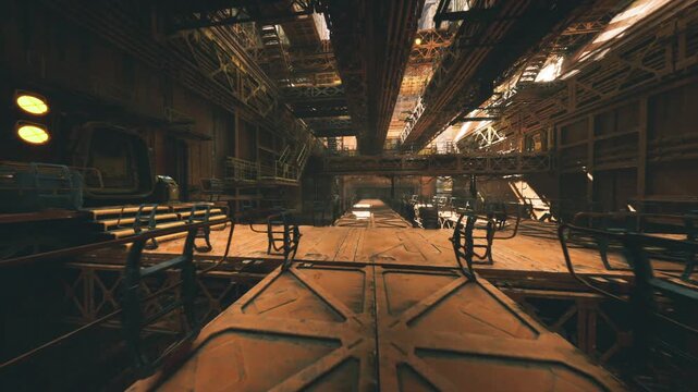 Ambient night corridor with dramatic shadows, warm industrial lighting slicing through metal framework, silent walkways and distant control panels, moody