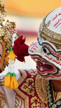 Traditional Thai Khon Dance Performance with Hanuman and Suphannamatcha Characters
