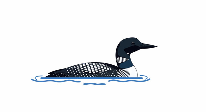 A digital illustration of a common loon swimming on blue water waves