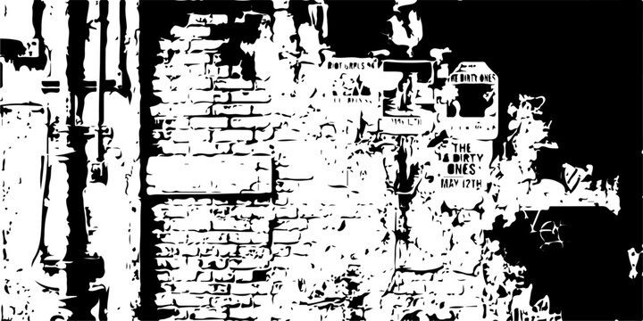 Urban Decay: A stark, high-contrast black and white image captures the gritty texture of a weathered brick wall, adorned with peeling posters and graffiti.