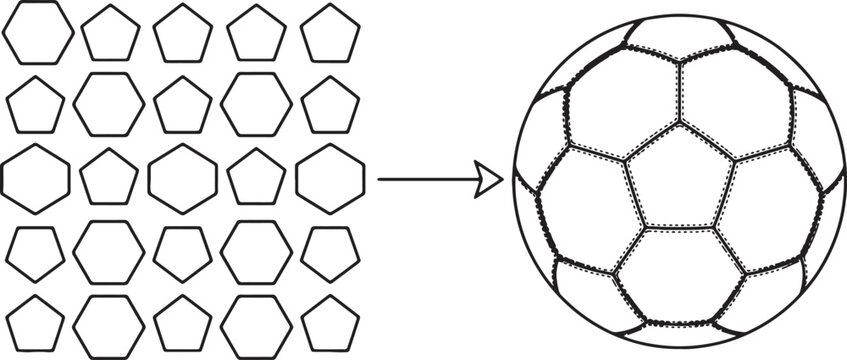 Soccer ball assembly from flat hexagon and pentagon pattern grid.