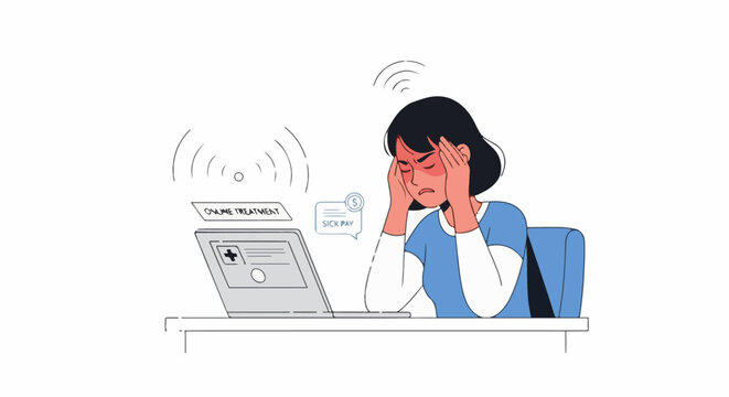 Woman with headache and laptop receiving online treatment and sick pay notification