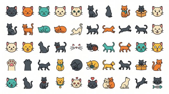 Collection of colorful flat design cat icons and silhouettes in vector