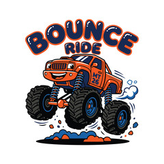 Orange monster truck jumping with Bounce Ride text cartoon illustration © MdAnisul