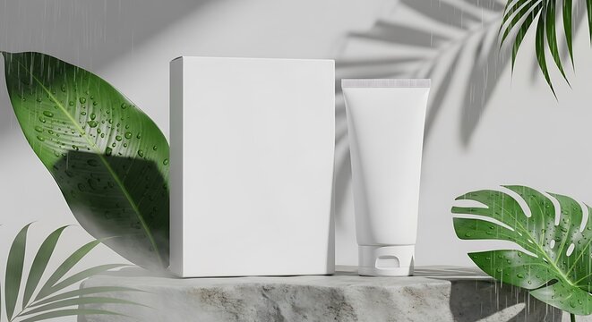 Cosmetic Packaging Mockup on Stone with Tropical Leaves