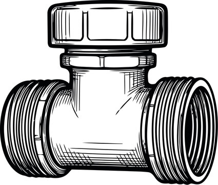 A detailed illustration of a metallic t-shaped pipe fitting with threaded ends for plumbing use.