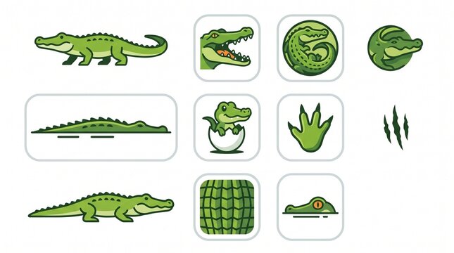 Green Crocodile Icons and Illustrations Set