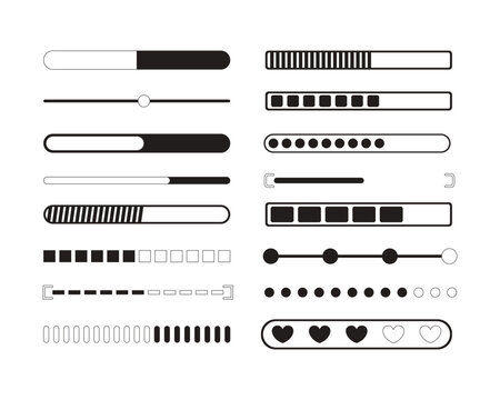 Progress bar and loading modern black and white UI element set. Segmented trackers. Processing status indicators. Isolated monochrome vector interface component pack for app design in minimal style