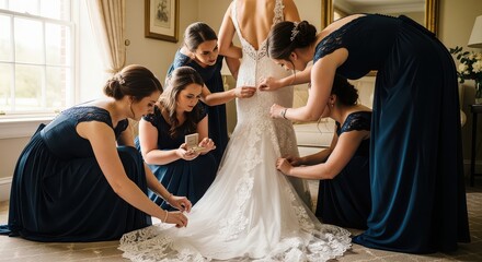 Obraz premium Bridesmaids in navy dresses assisting bride with lace wedding gown fastenings in elegant room.