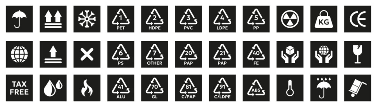Packaging symbol icon collection in black. Includes recycling codes, fragile signs and shipping handling package symbols