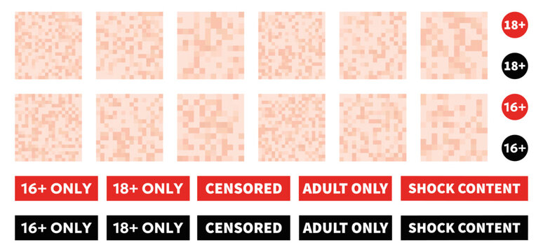 Censored content warning collection in pixel blur style. Includes adult restriction labels and privacy mosaic censor templates